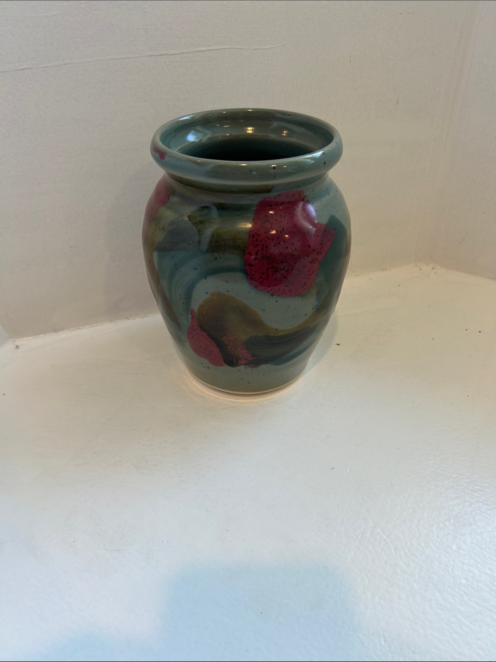 D.K. Clay 1996 Handmade Glazed Ceramic Vase in Teal with Berry Accents
